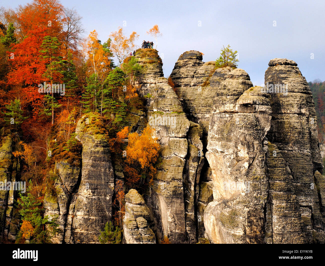 view from Bastei is a rock formation to Elbe Sandstone Mountains in autumn, Germany, Saxony, Saxon Switzerland National Park Stock Photo