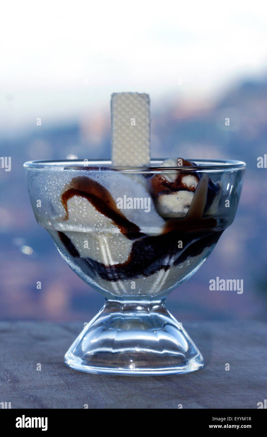 Coupe Denmark ice cream, vanilla with chocolate sauce and whipped cream Stock Photo