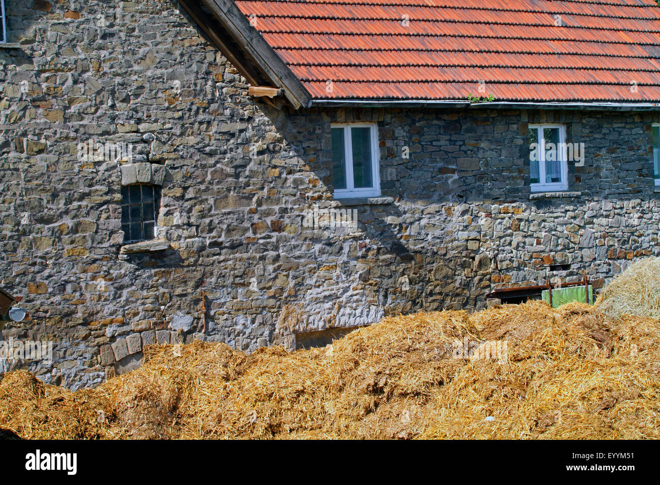 old masonry of a farmhouse with dung hill, Germany, North Rhine-Westphalia Stock Photo