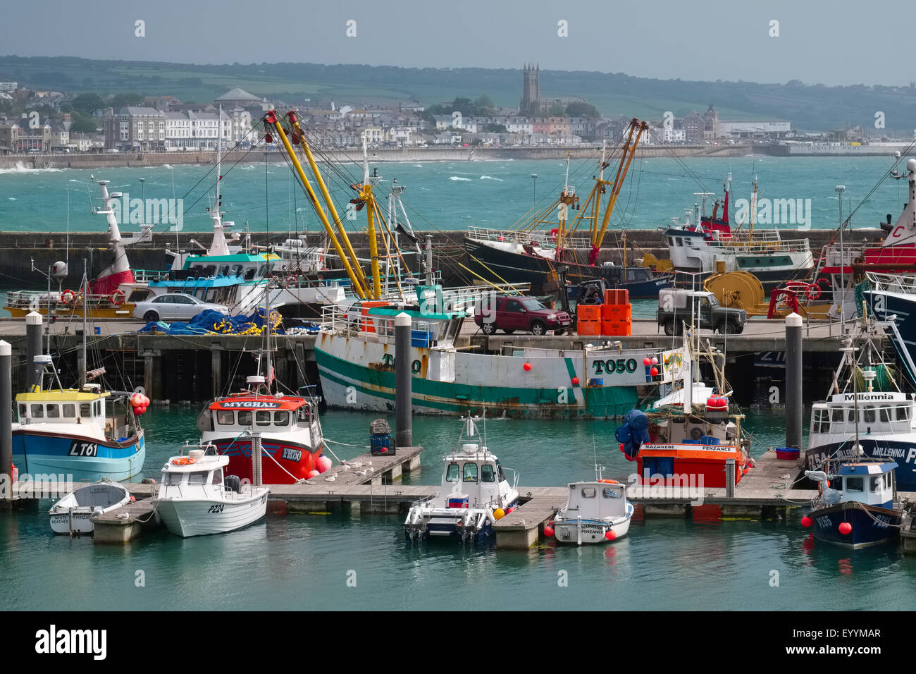 Fishing boats moored at Newlyn harbour, Cornwall, England, UK Stock Photo