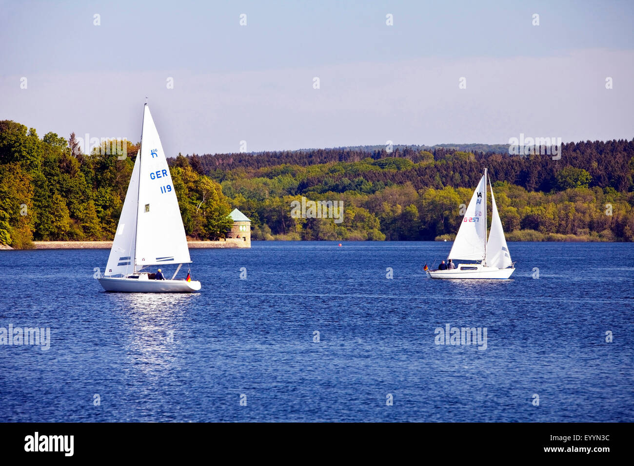 sailboats on Moehne Reservoir, Germany, North Rhine-Westphalia, Sauerland, Moehnesee Stock Photo