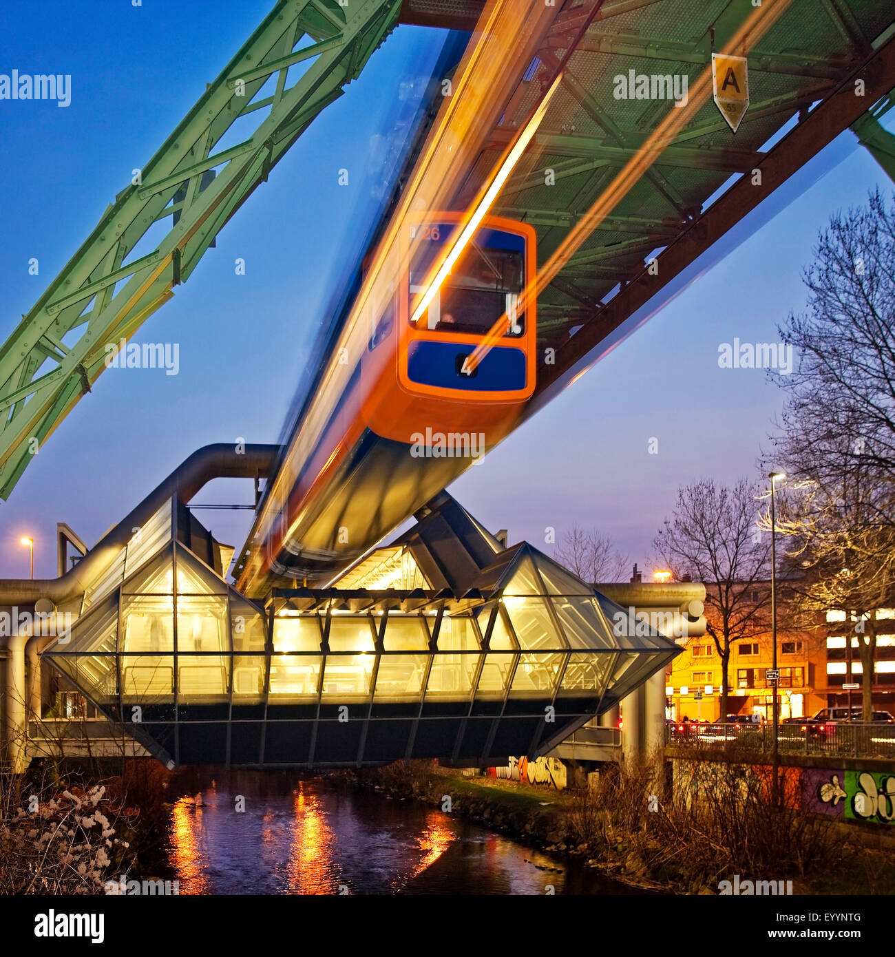 Wuppertal Suspension Railway at railway station Ohligsmuehle over river Wupper, Germany, North Rhine-Westphalia, Wuppertal Stock Photo