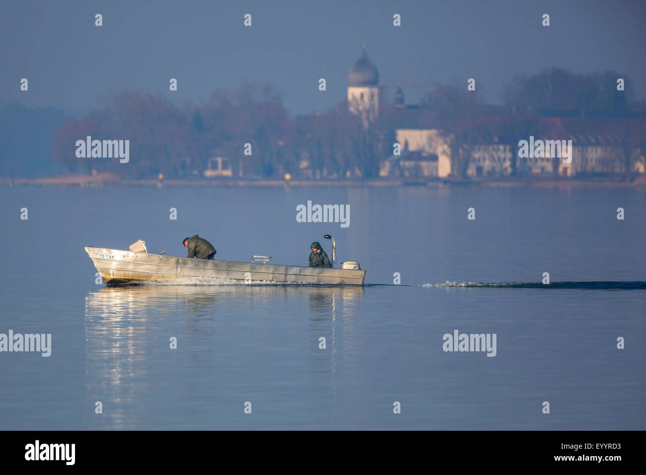 fishermen at work, Germany, Bavaria, Lake Chiemsee Stock Photo