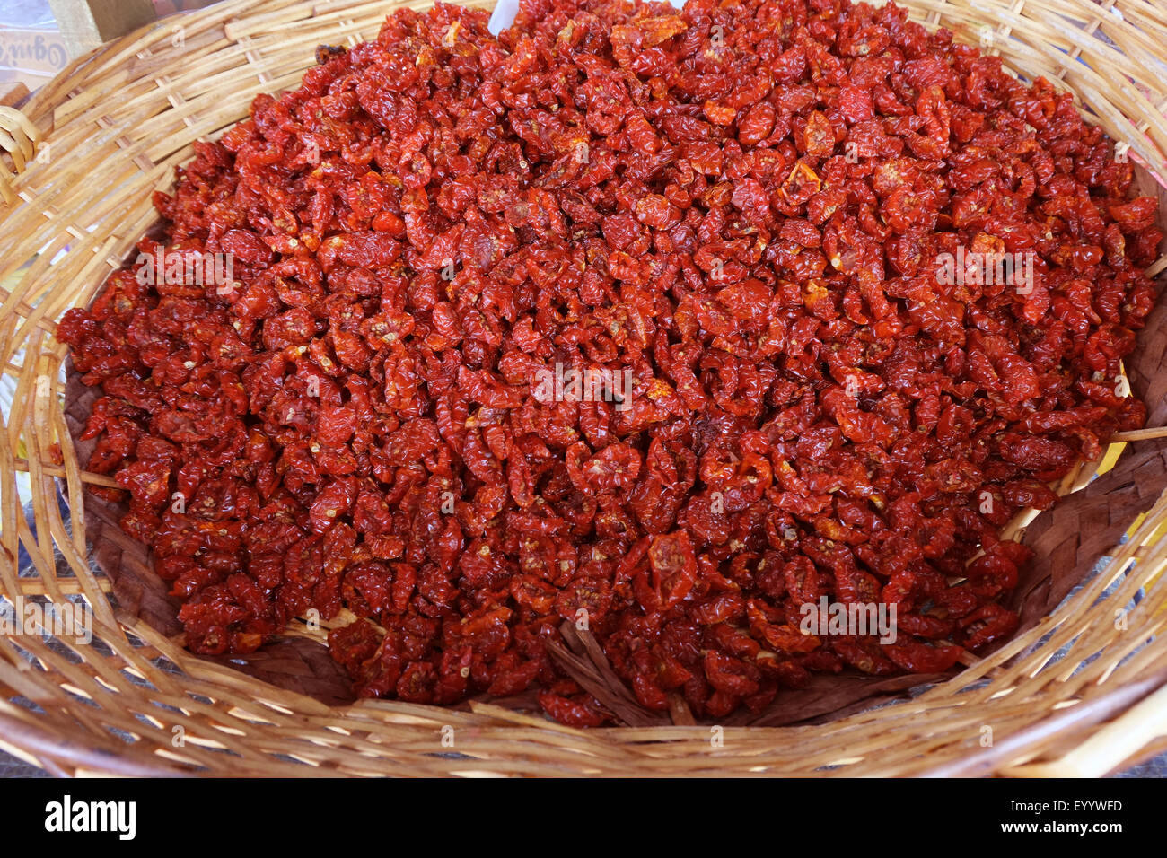 SICILIAN SUN DRIED TOMATOES IN MARKET,NOTO,SICILY,ITALY Stock Photo