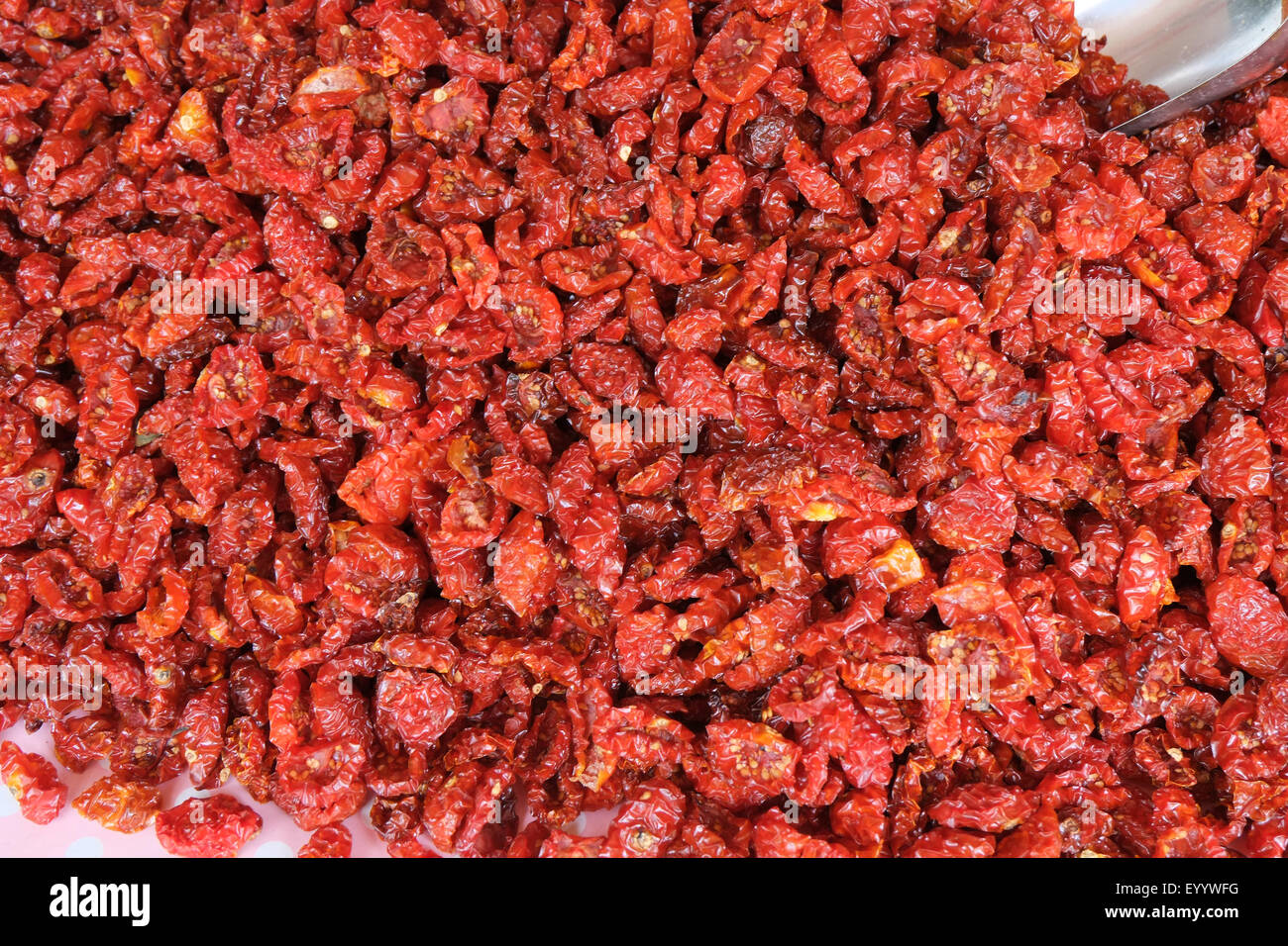 SICILIAN SUN DRIED TOMATOES IN MARKET,NOTO,SICILY,ITALY Stock Photo