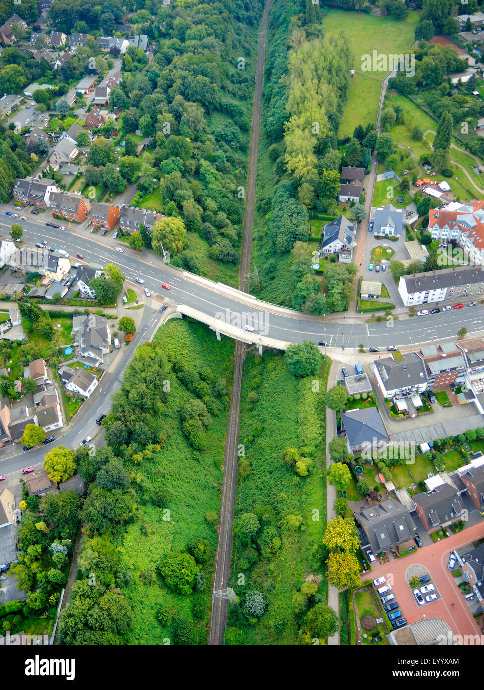 aerial view Sterkrader road, L 155 and railtracks, Germany, North Rhine-Westphalia, Ruhr Area, Bottrop Stock Photo