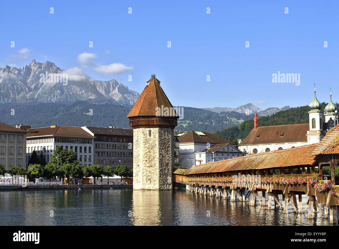 Luzern with Kapellbruecke at Lake Lucerne, Switzerland, Lucerne Stock Photo