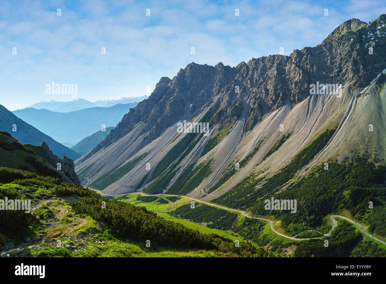 view from Hahntennjoch to Imst, Austria, Tyrol, Lechtaler Alpen Stock Photo