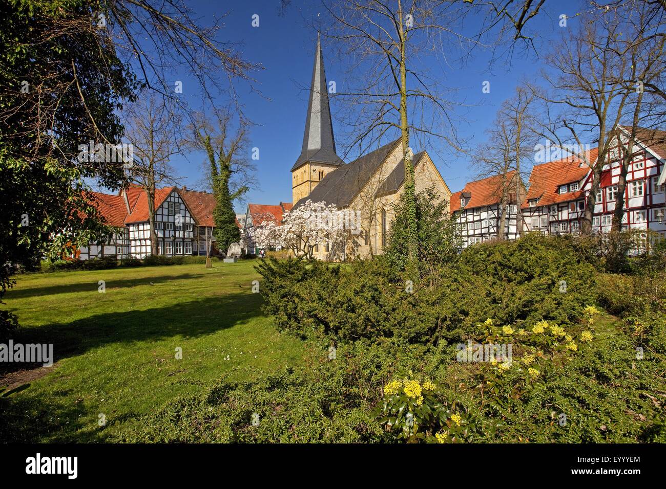 old church square with Apostle Church in Guetersloh, Germany, North Rhine-Westphalia, East Westphalia, Guetersloh Stock Photo
