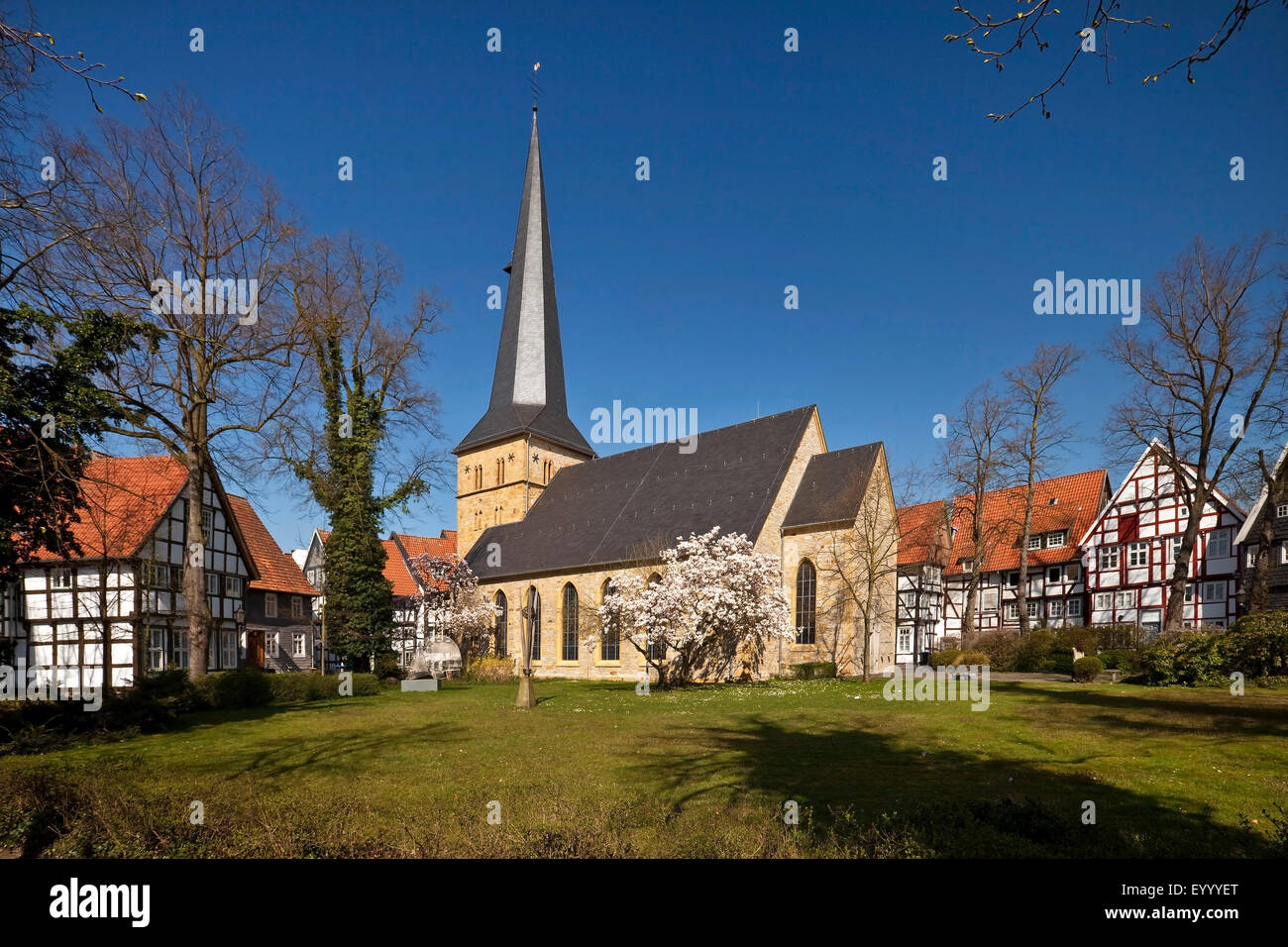 old church square with Apostle Church in Guetersloh, Germany, North Rhine-Westphalia, East Westphalia, Guetersloh Stock Photo