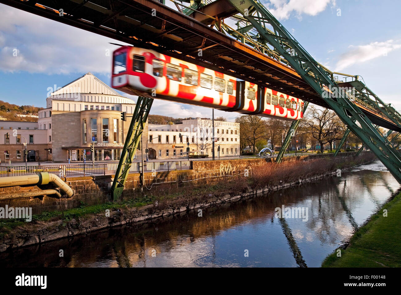 Wuppertal Suspension Railway with opera house and river Wupper, Germany, North Rhine-Westphalia, Bergisches Land, Wuppertal Stock Photo