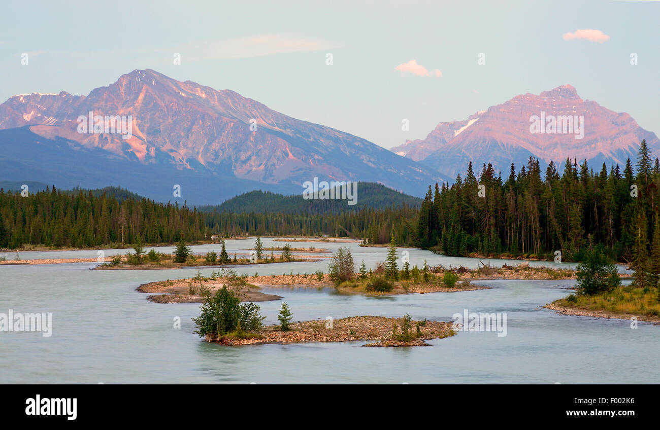 Athabasca River after sunset, Canada, Jasper National Park Stock Photo