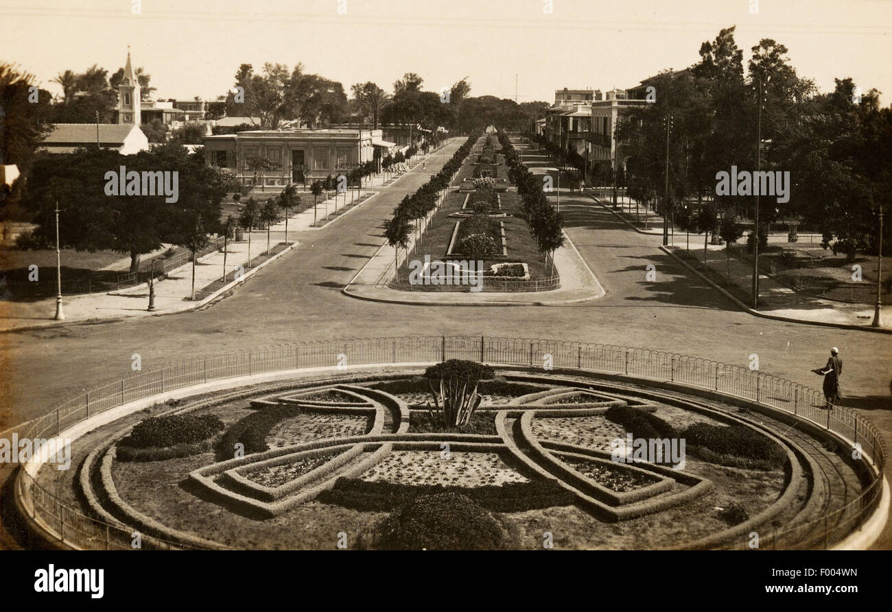 Ismailia, Egypt - 1930s - An old photo of the tranquil town of Ismailia, headquarters of the Suez Canal, where quiet avenues and villas with  lush gardens are witness to an illustrious past when the Suez Canal was built in the 19th century.    COPYRIGHT PHOTOGRAPHIC COLLECTION OF BARRY IVERSON Stock Photo