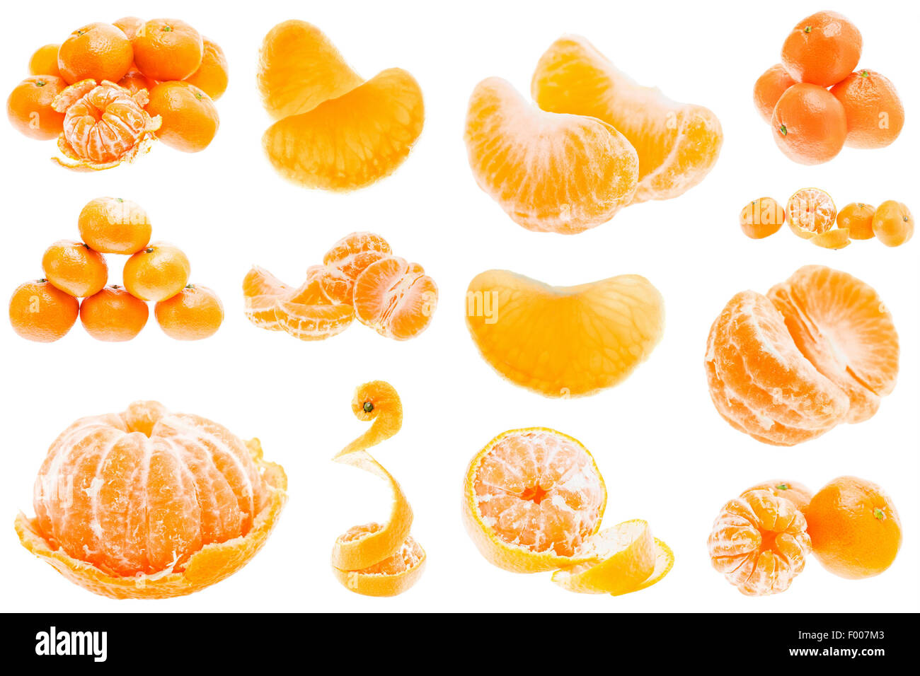 Fresh Mandarin Citrus Isolated Tangerine Mandarine Orange In Heap On White Background. Healthy Food Concept. Set, Collage Stock Photo