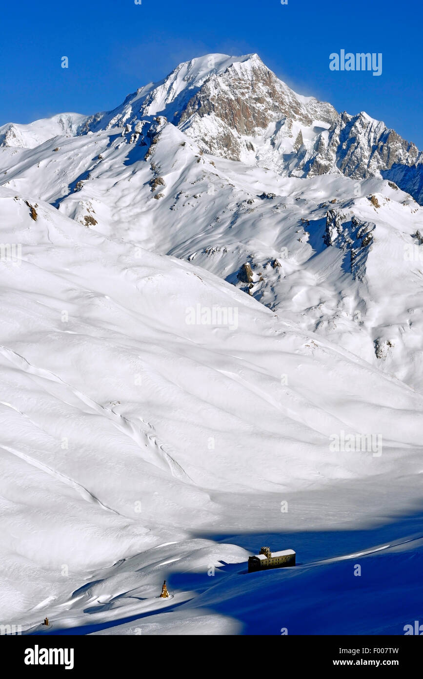 Mont Blanc and ancient hospice of Little St Bernard Pass, France, Savoie Stock Photo