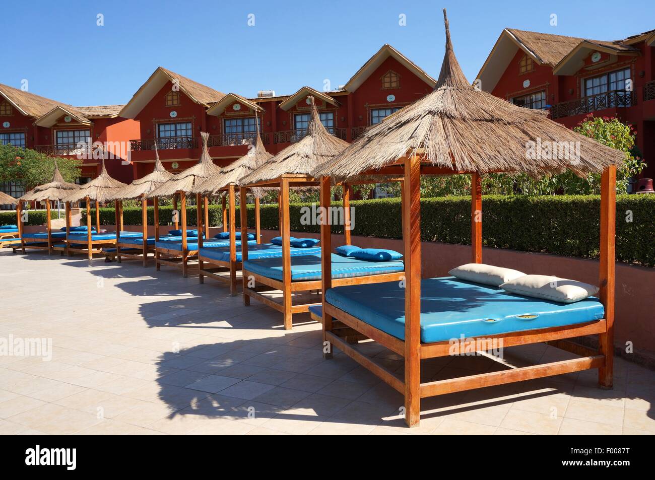Typical Sun Beds in a Holiday Resort Stock Photo