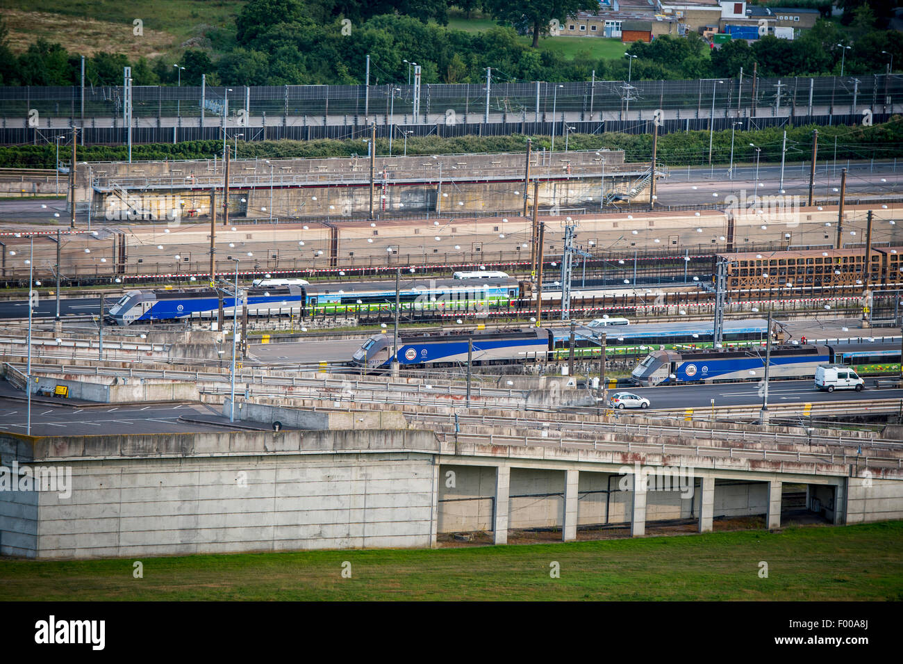 Eurotunnel Le Shuttle trains waiting at the Cheriton terminal before travelling through the Eurotunnel to France. Stock Photo