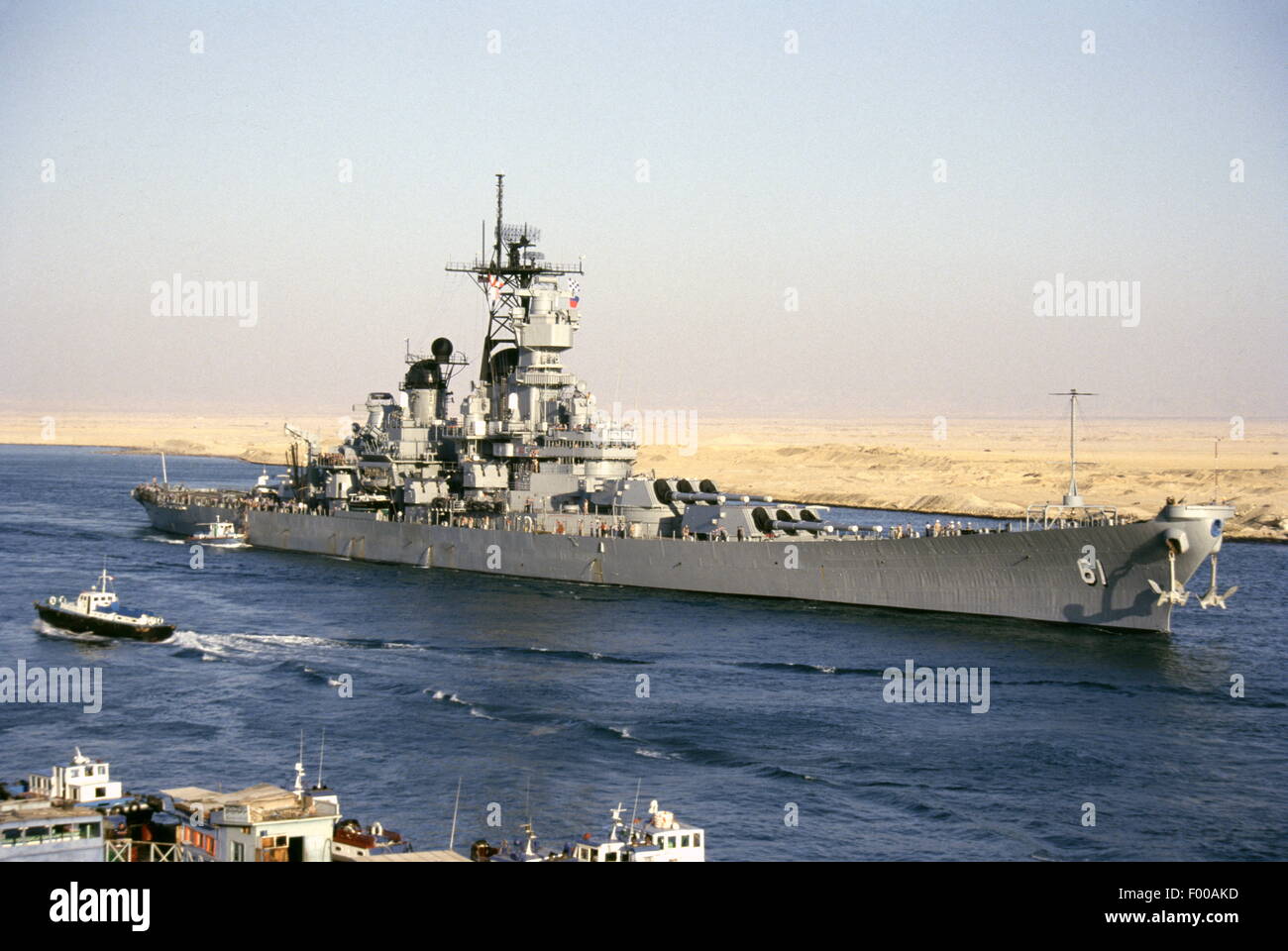 Suez Canal, Egypt - 1988 --The US Navy battleship USS Iowa (BB61) and USS Ticonderoga transits the Suez Canal. Stock Photo