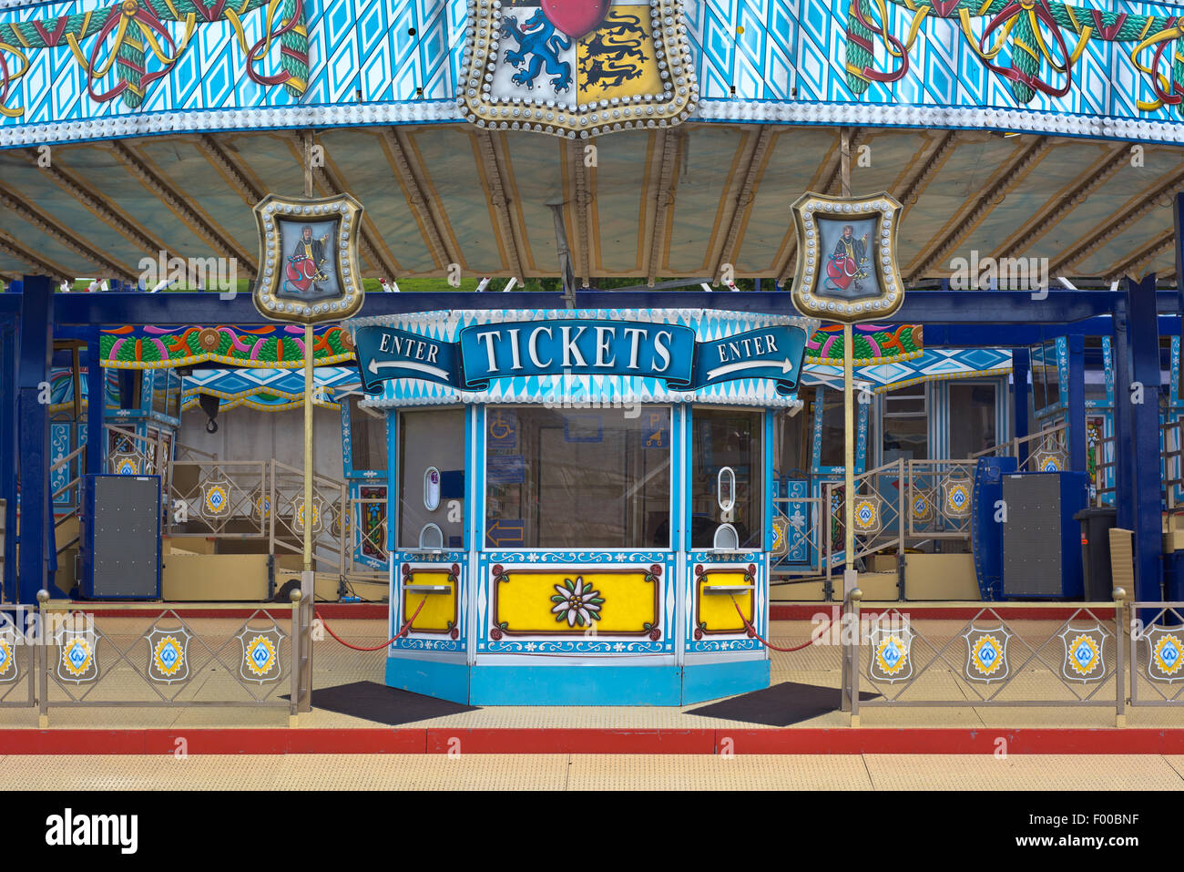 Amusement Park Ride Ticket Window with English Text and Decorations Stock Photo