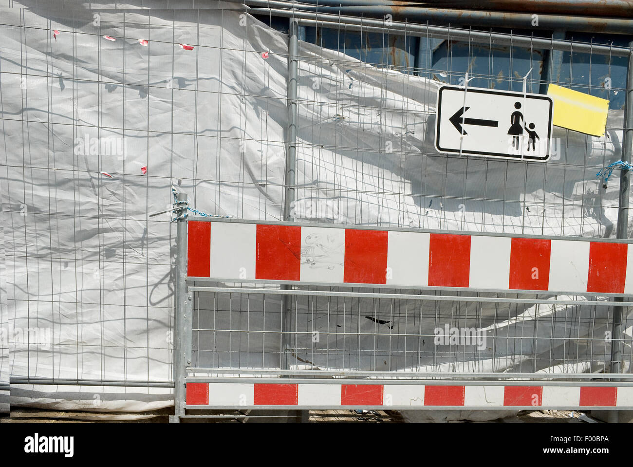 Pedestrian Warning Sign at a Construction Site Stock Photo