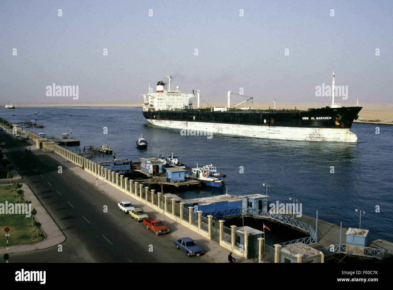 Suez Canal, Egypt - An oil supertanker the Umm Al Maradem nears the southern end of the Suez Canal before the Red Sea Stock Photo