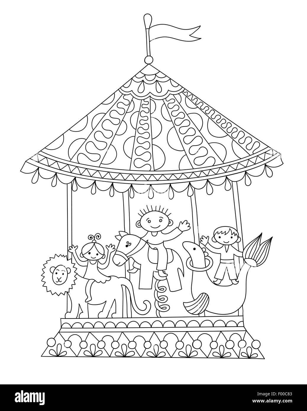line art illustration of circus theme merry-go-around Stock Vector