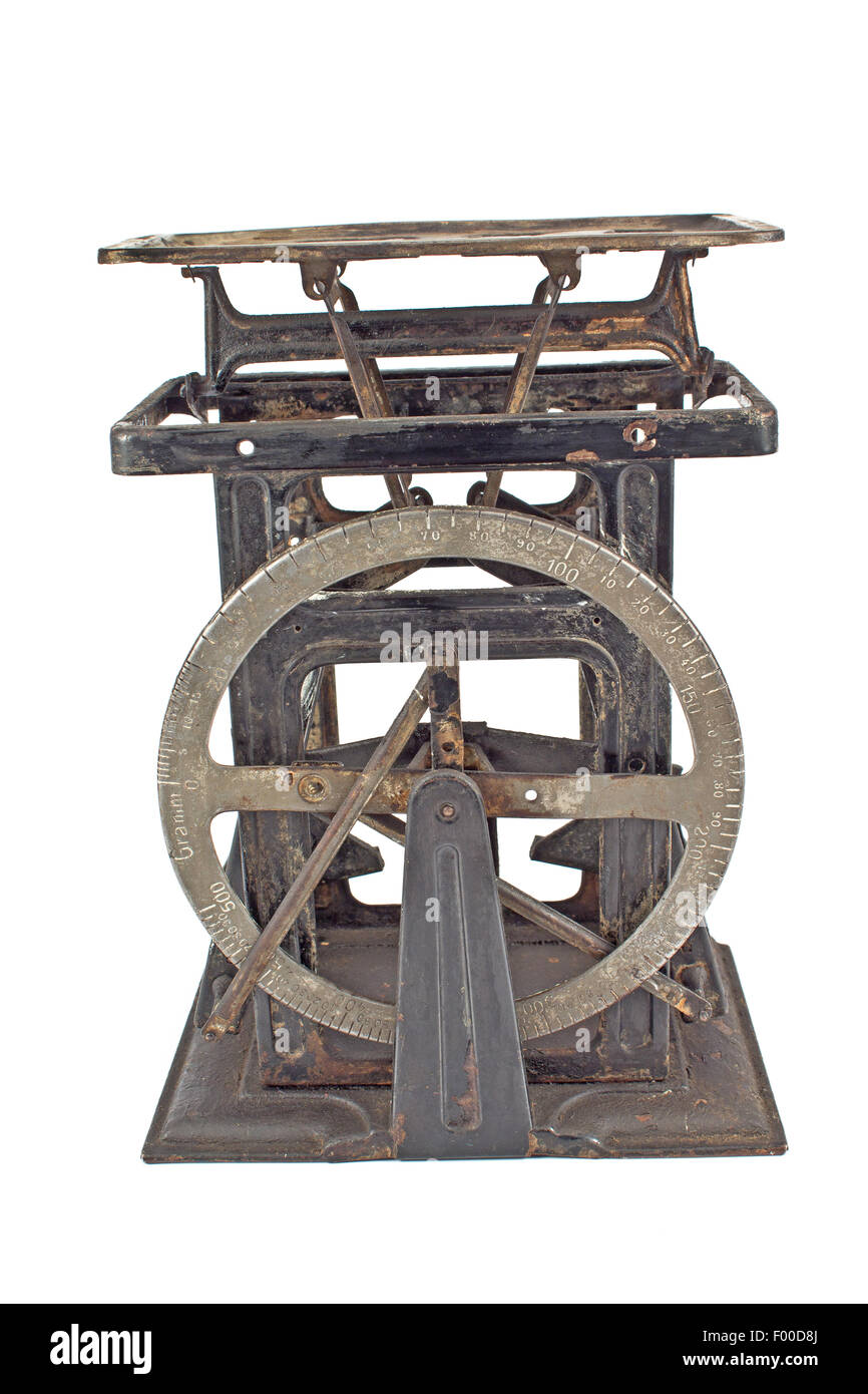 Old rusty weighing scale isolated on white Stock Photo - Alamy