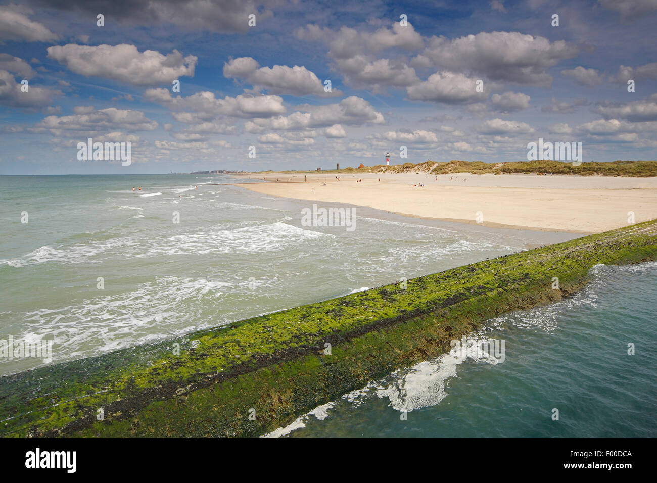 breakwater, clouds and beach, Belgian coast, Belgium Stock Photo