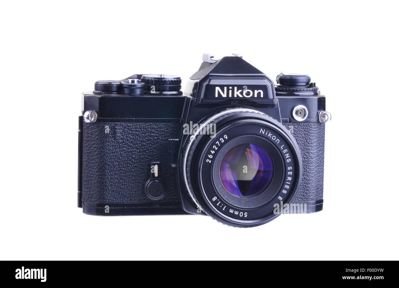 PANAMA, PANAMA - AUGUST 3, 2015:  The Nikon FE is an advanced semi-professional level, interchangeable lens, 35 mm film, single Stock Photo