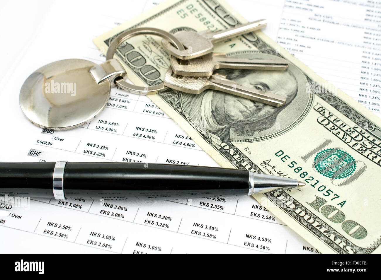 Pen and one hundred dollar bill with credit rates and house key Stock Photo