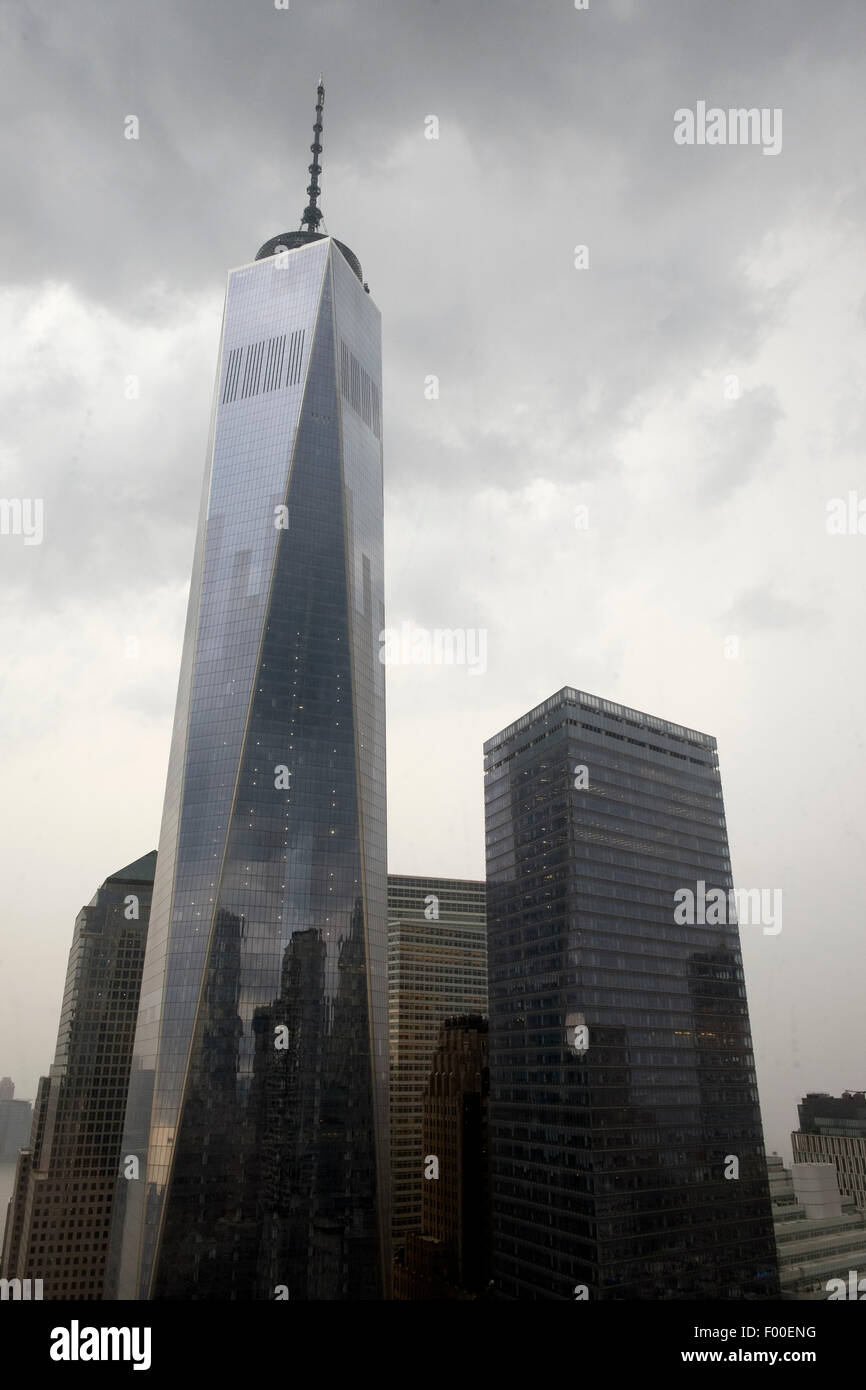 One World Trade Centre on a dark gloomy morning with rain, New York, USA, United States of America Stock Photo