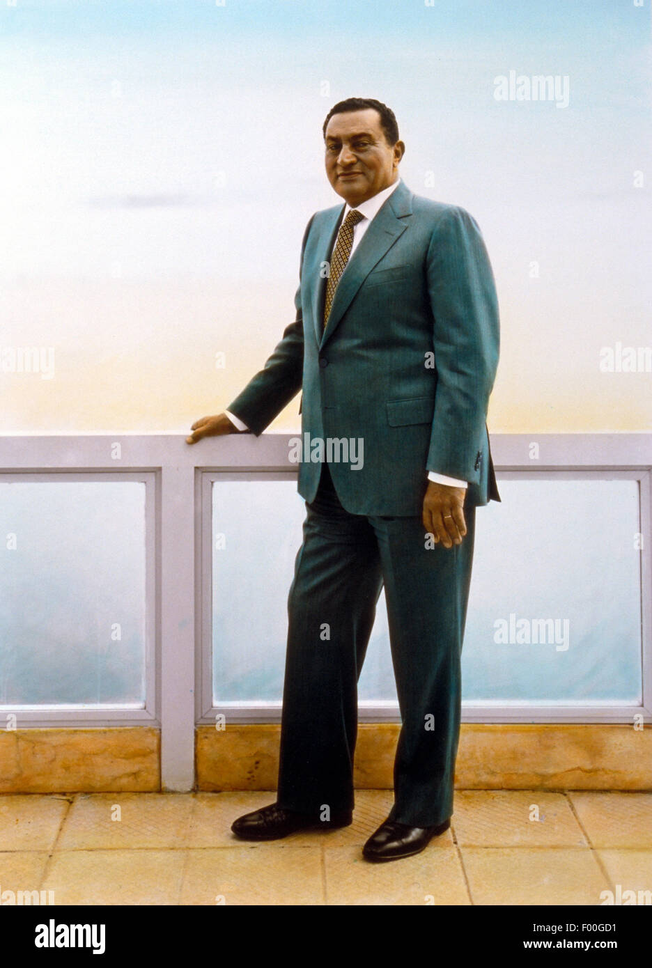 Ismailia, Egypt - 1996 - A portrait of Egyptian President Hosni Mubarak, taken at the Presidential Guest House overlooking the Suez Canal.  silver gelatin print, handcolored photograph by Barry Iverson Stock Photo
