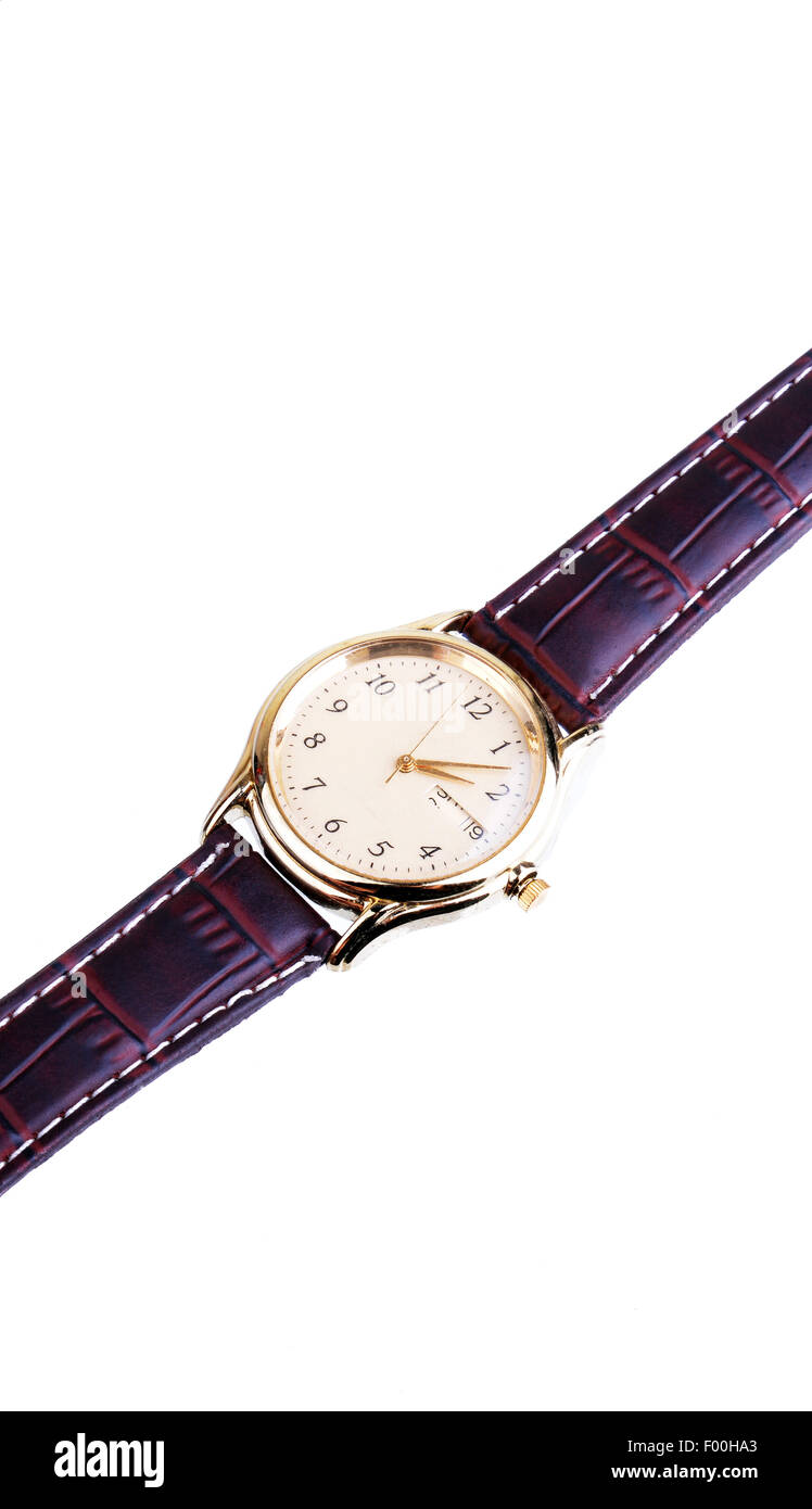 Close up shot of a traditional wrist watch with a leather band isolated on white Stock Photo