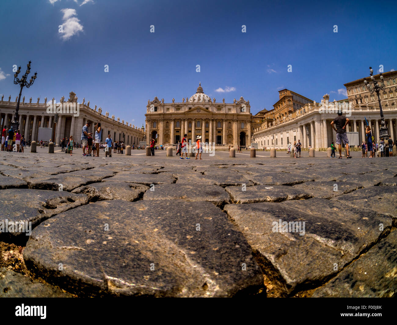 Fisheye lens shot of St. Peter's Basilica taken from a low angle to include St. Peter's Square, Vatican City, Rome. Italy. Stock Photo