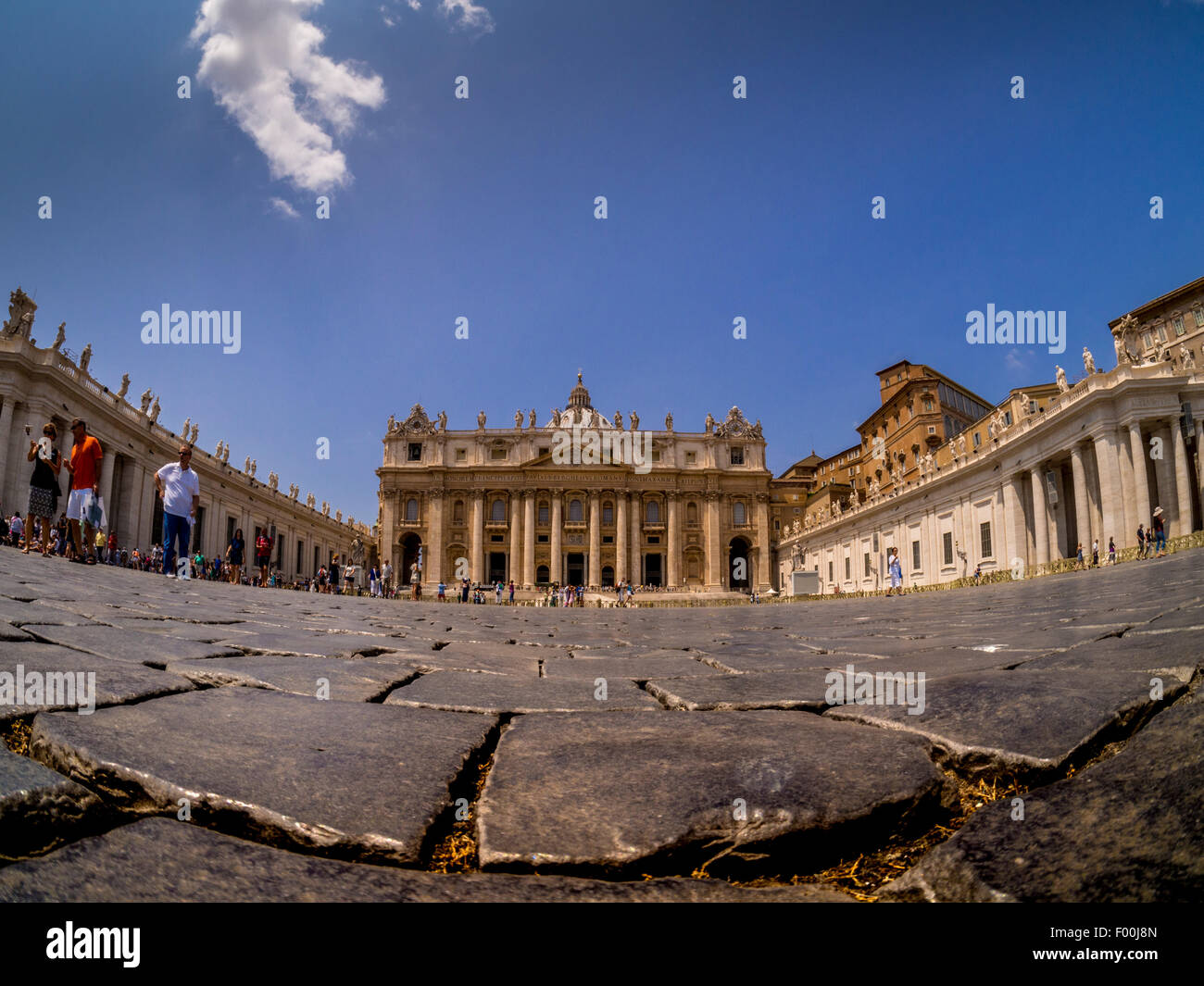 Fisheye lens shot of St. Peter's Basilica taken from a low angle to include St. Peter's Square, Vatican City, Rome. Italy. Stock Photo