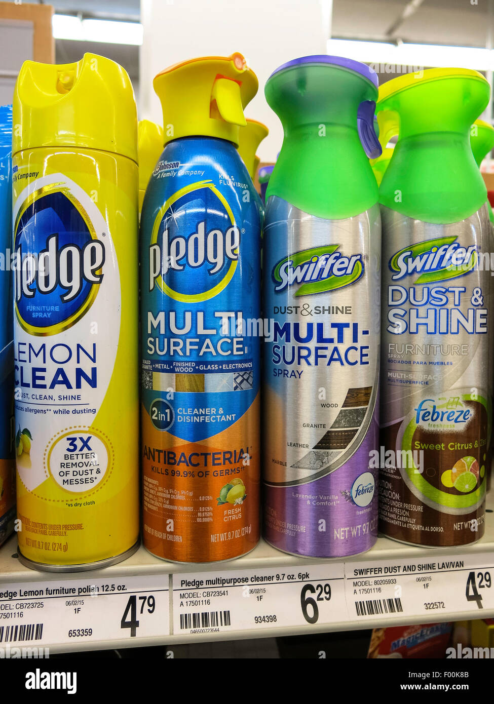 Shelf of Pledge Brand and Swifter Household Cleaning Products, USA