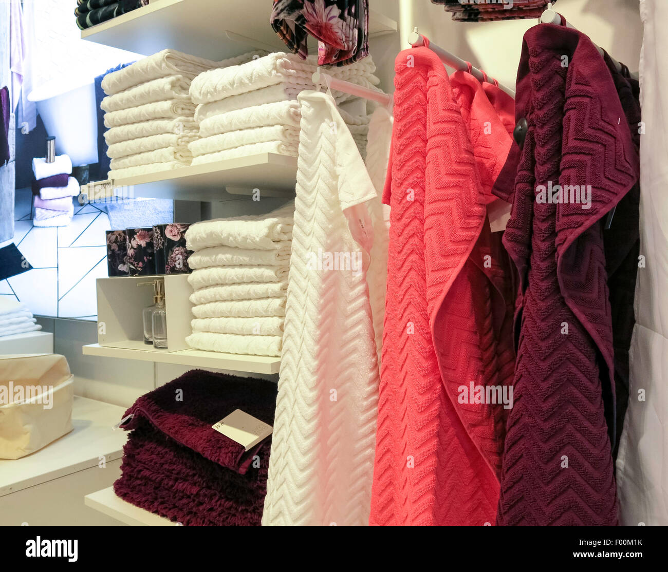 Linens and Towels, H&M Clothing Store Interior in Herald Square, NYC, USA Stock Photo