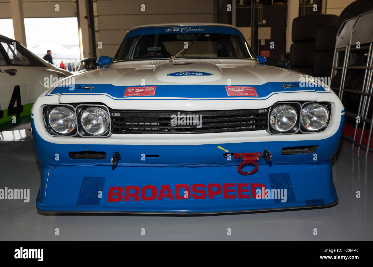 front view of a rare, 1973 Broadspeed,  Ford Cologne Capri in the National Garage, at the Silverstone Classic. Stock Photo