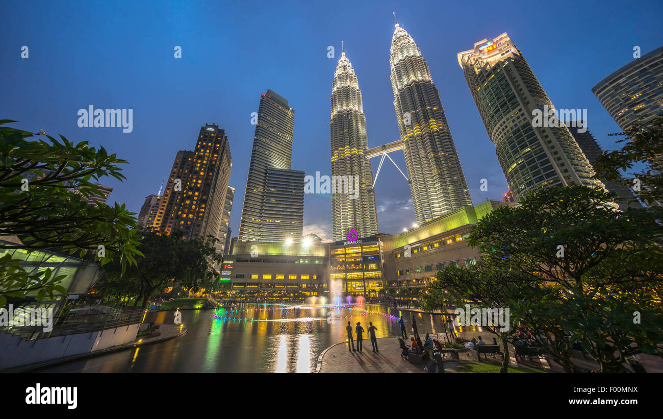 Water Fountain at Suria KLCC with Petronas Towers and Office Buildings