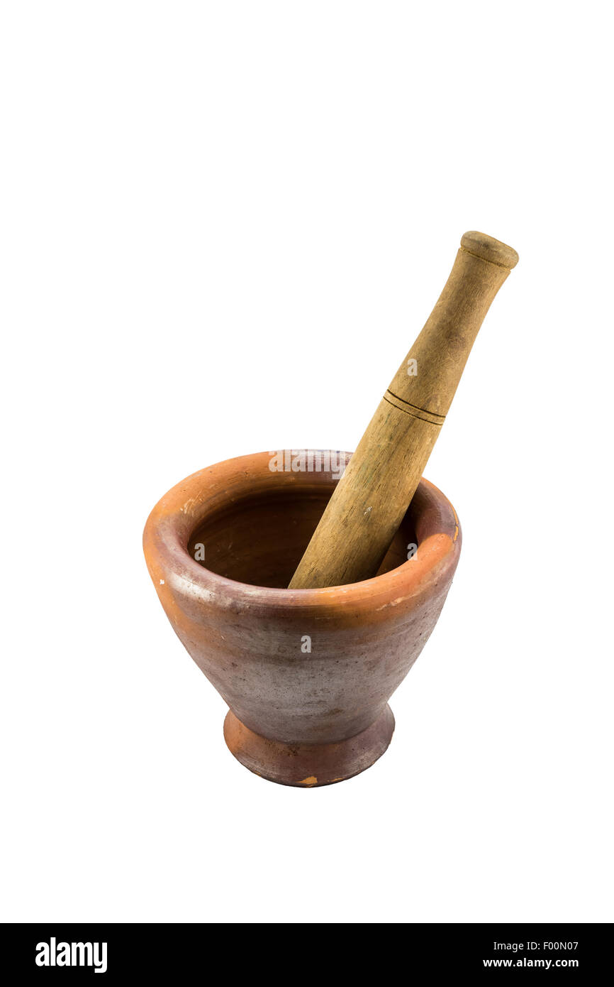 Mortar and Wooden pestle isolated on white background Stock Photo - Alamy