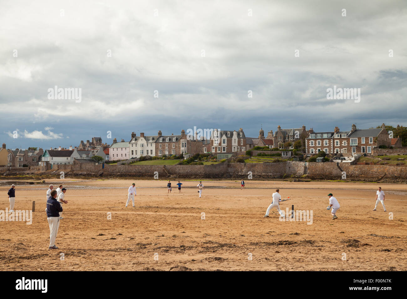 A game of beach cricket being played at Elie, Kingdom of Fife, Scotland. Stock Photo