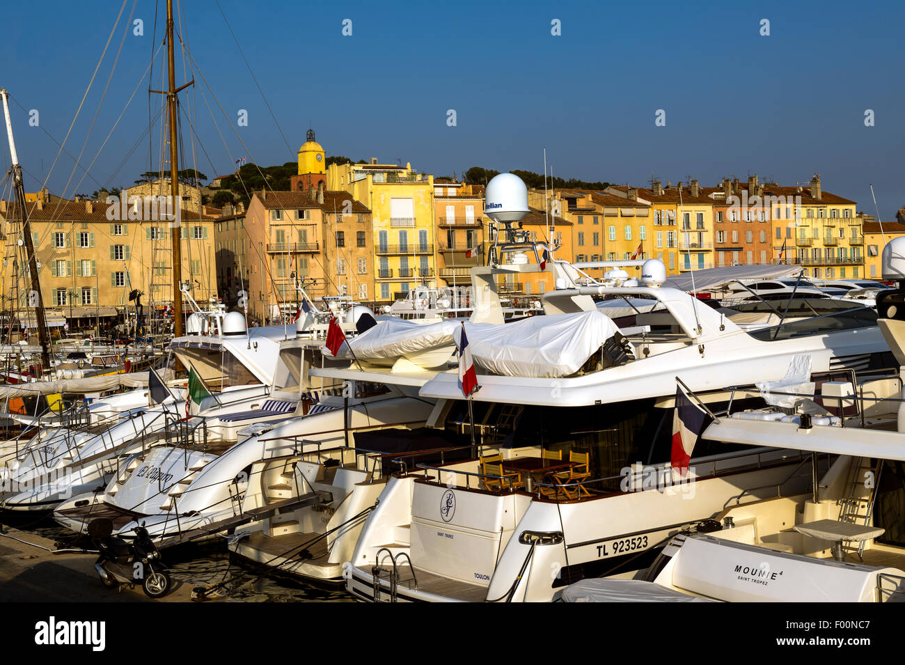 Europe. France. Var. Saint-Tropez. Yacht moored in the port of St ...