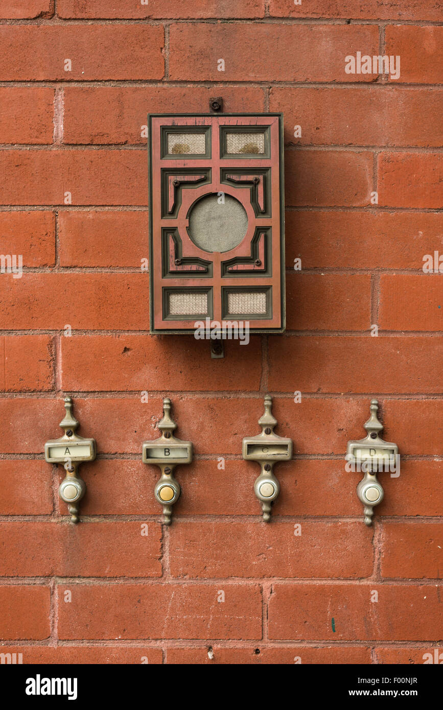 Doorbells on brick wall, Savannah, Georgia, USA - Stock Image