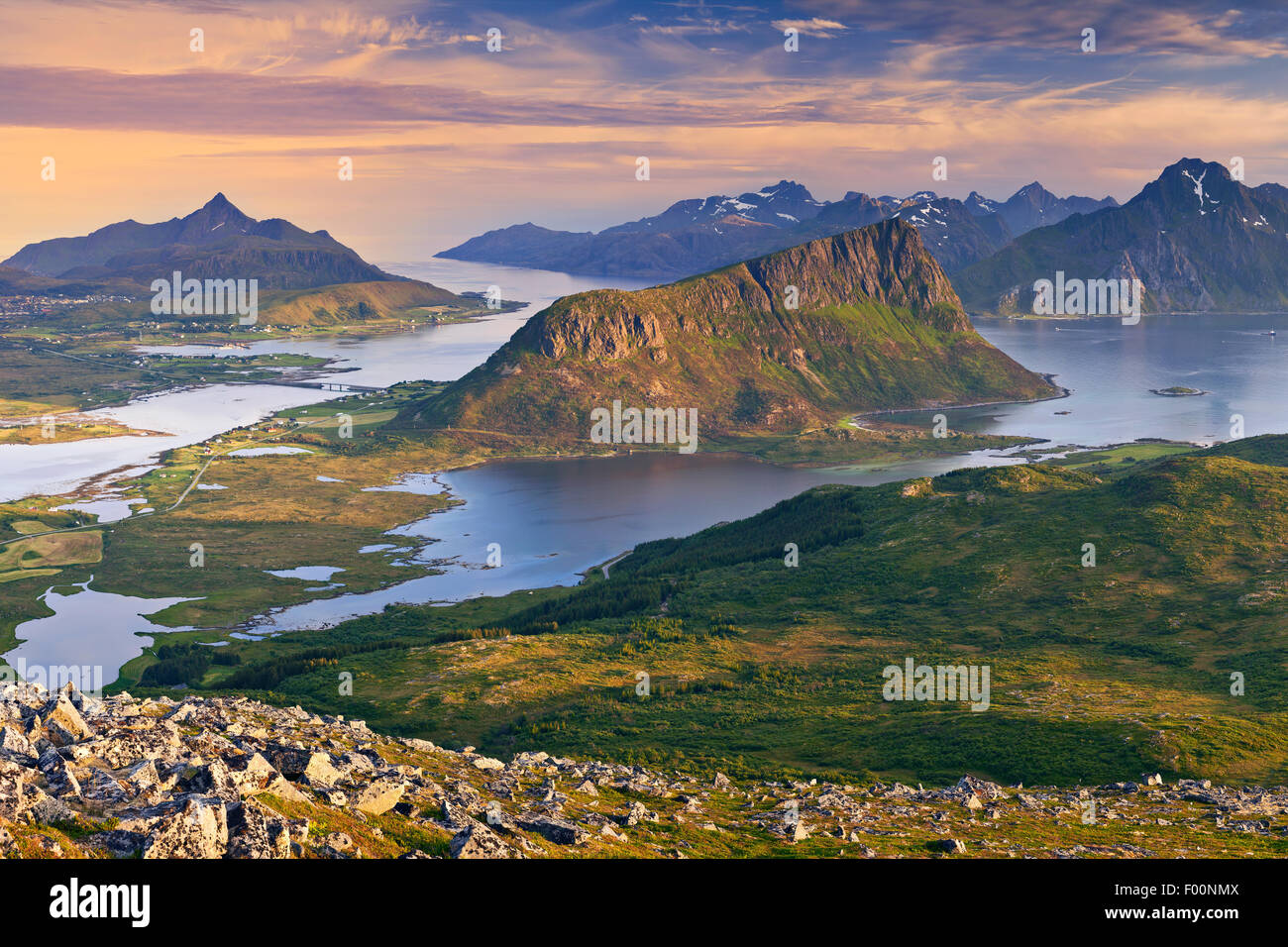 Norway. View of  Lofoten Islands, located in Norway, taken from Holadsmelen, during summer sunset. Stock Photo