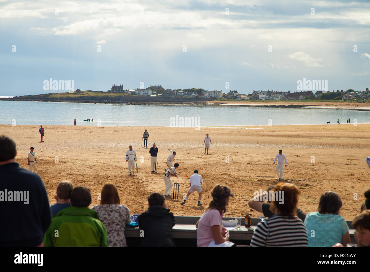 A game of beach cricket being played at Elie, Kingdom of Fife, Scotland. Stock Photo