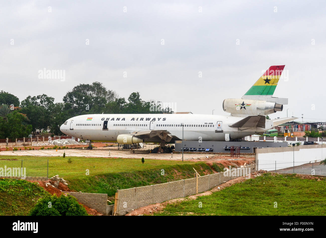 Old McDonnell Douglas DC-10-30 plane still branded with the colors of Ghana Airways in Accra, Ghana Stock Photo