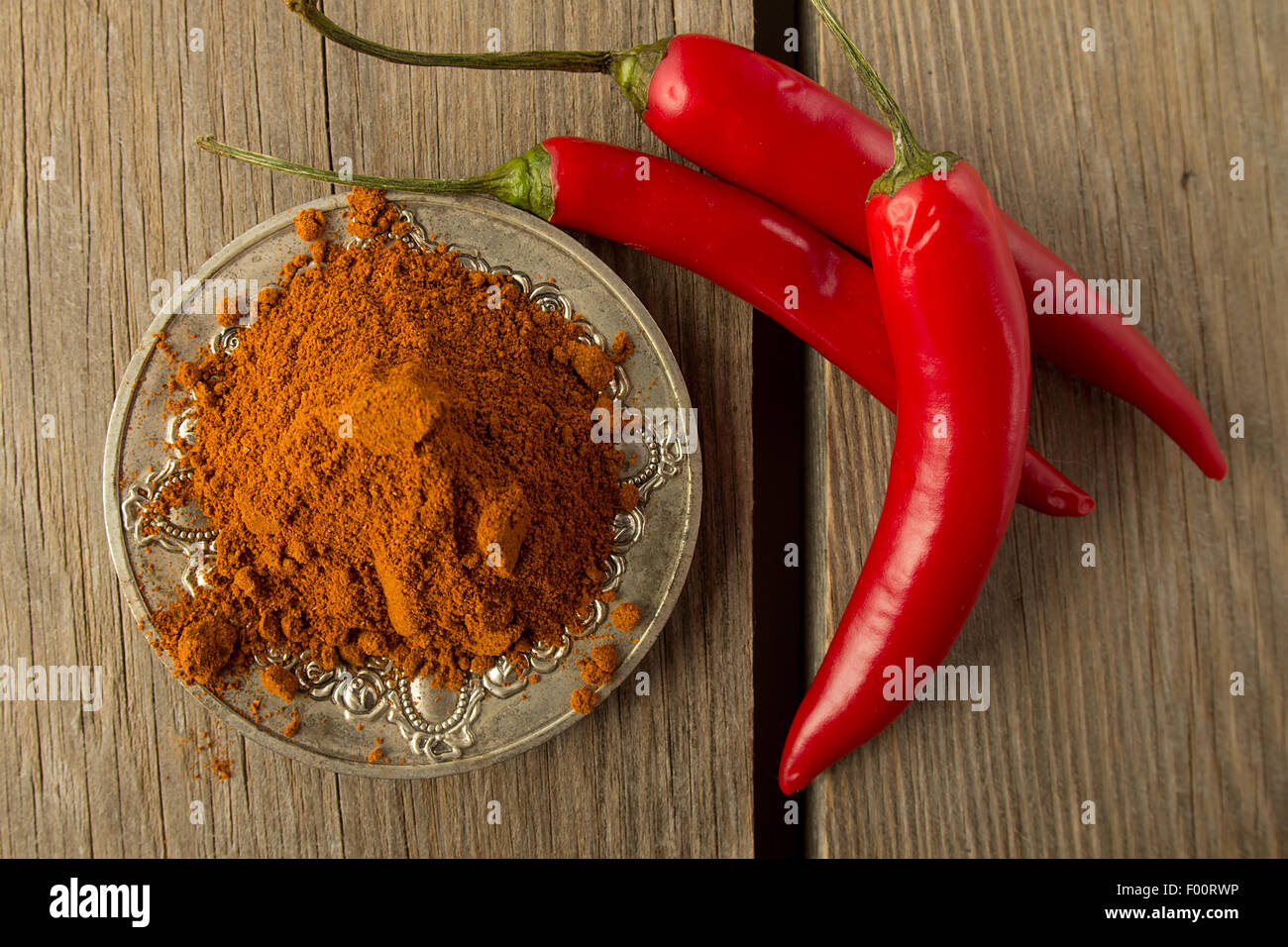 Chili pepper and chili powder on silver dish selective focus top view