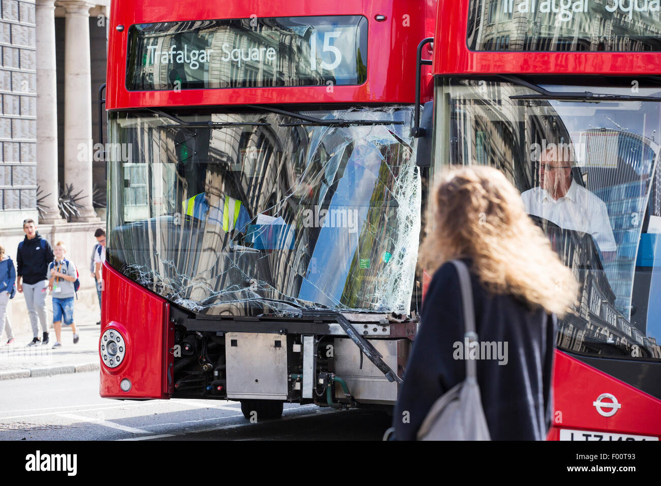 A London bus with a smashed windscreen after it ran into the back of another vehicle, London, UK. Stock Photo