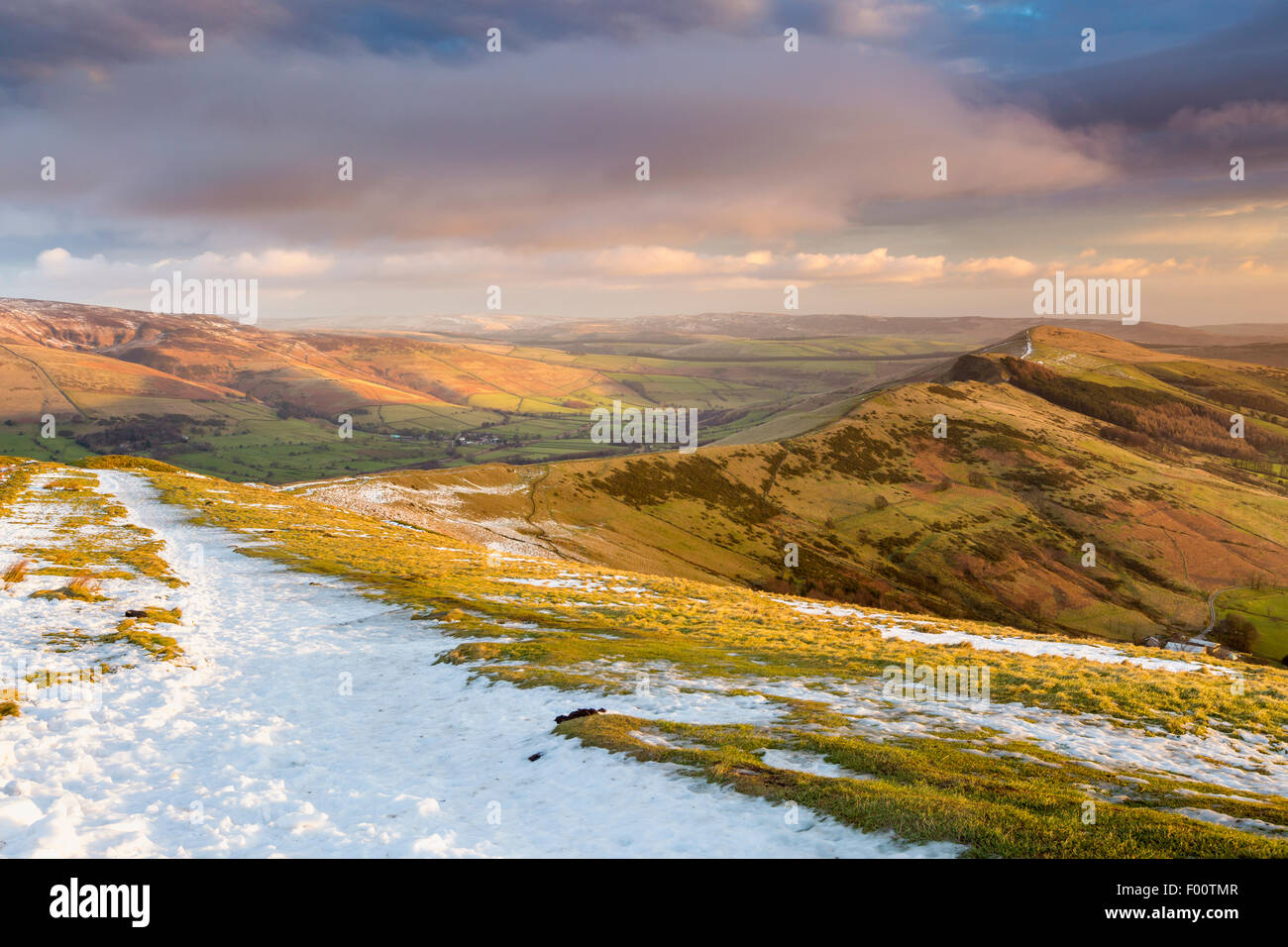 View over Hope Valley from Mam Tor, High Peak District, Peak District National Park, Castelton, Derbyshire, England, United King Stock Photo