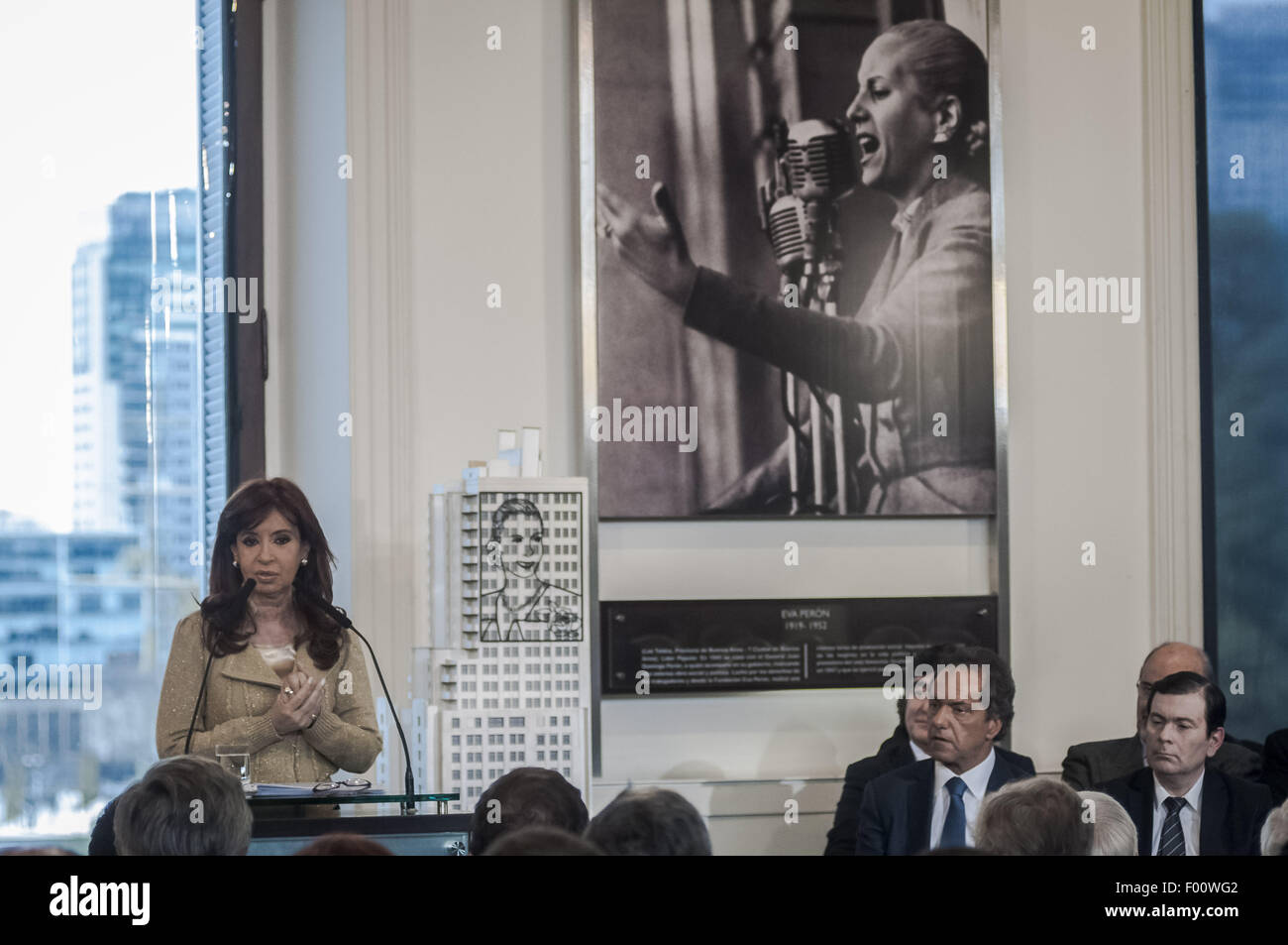 Buenos Aires, Buenos Aires, Argentina. 5th Aug, 2015. President Cristina Fernandez Kirchner speaks from the Government House, announcing a 12.4 percent raise in minimum pensions. During the same speech, accompanied by Ministers and Governors, the President defended Chief of Cabinet Anibal Fernandez from allegations of drug trafficking made in a TV show, a week before the primary elections in which he runs for Governor of Buenos Aires. Credit:  Patricio Murphy/ZUMA Wire/Alamy Live News Stock Photo
